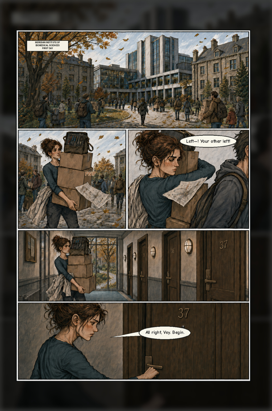 The complete opening page of Breathless: Borrowed Air, showing Elara arriving at Meridian Institute and finding Room 37