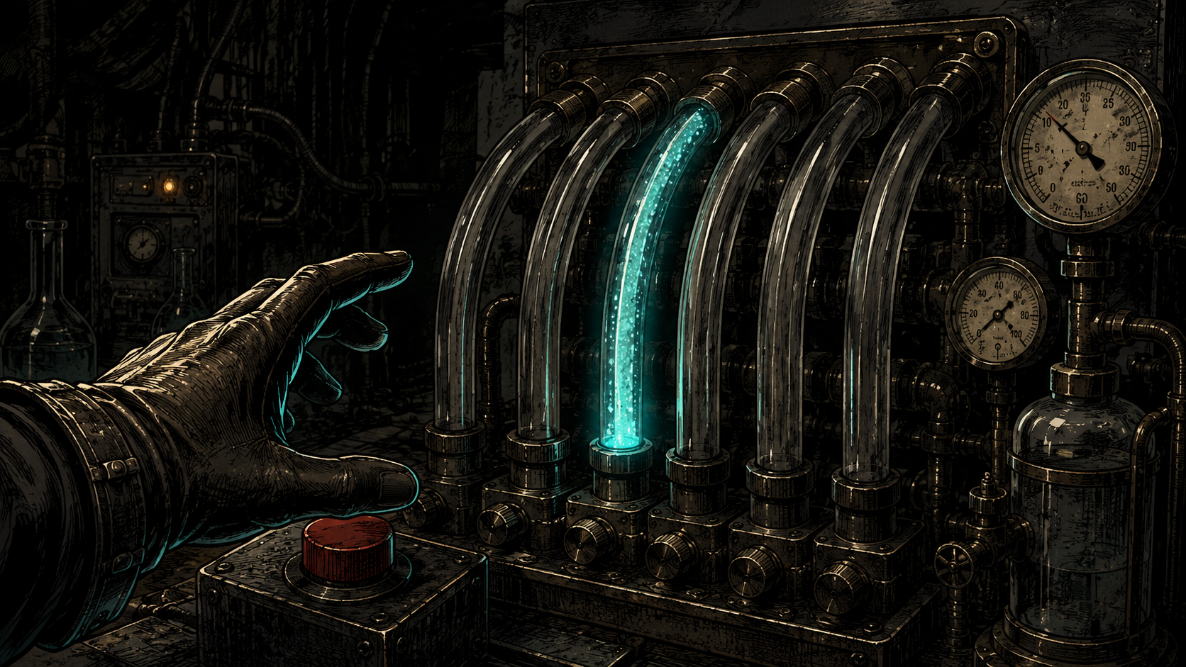 Illustrated early breath-transfer machine coming alive