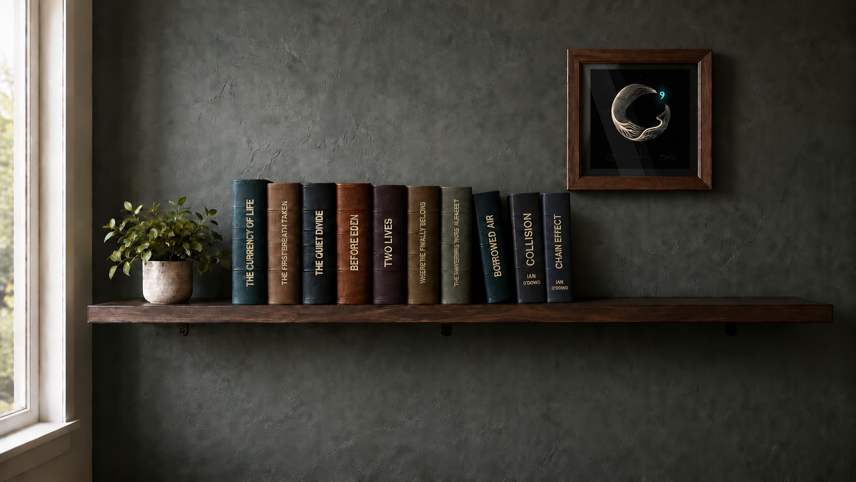 A walnut shelf displaying Ian O’Dowd’s books, with Chain Effect added as the tenth clickable spine
