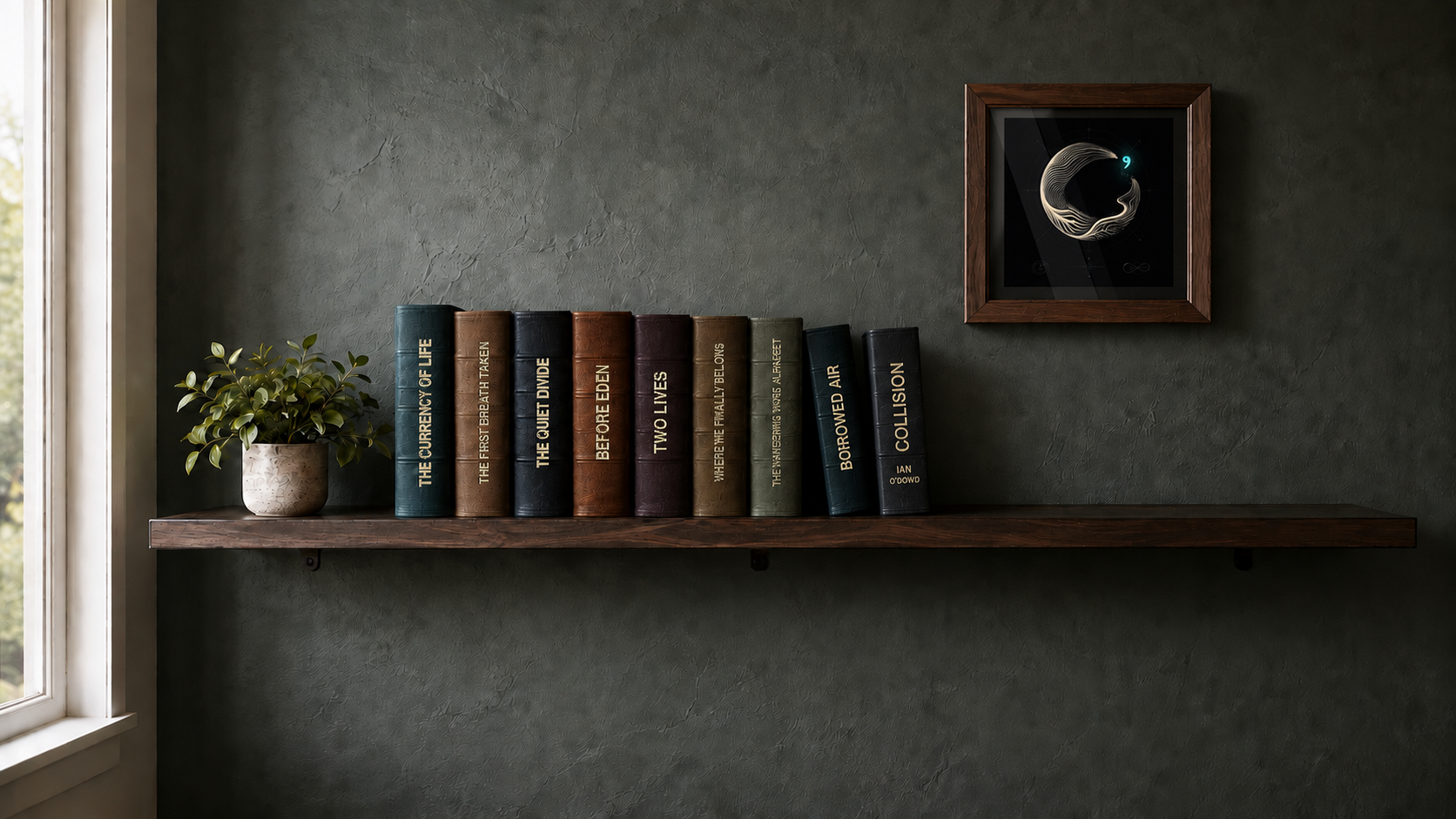 A walnut shelf with a plant and nine books by Ian O'Dowd